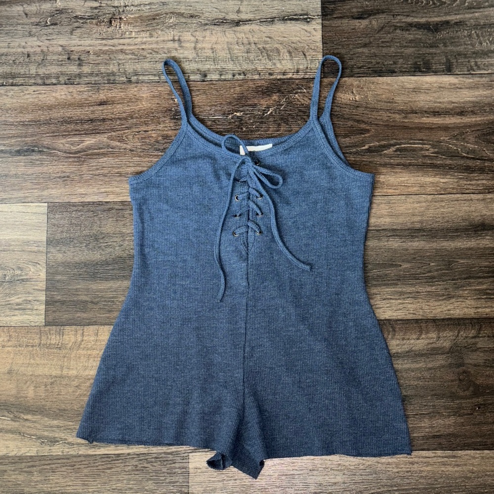 Dark Blue Lace-Up Knit Small Romper - Picture 1 of 5